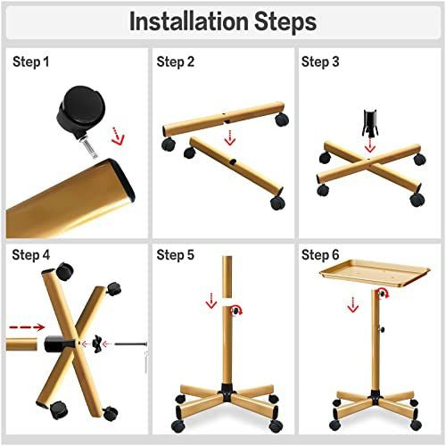 Salon Rolling Tray Cart with Wheels - Adjustable Gold Tattoo & Beauty Station