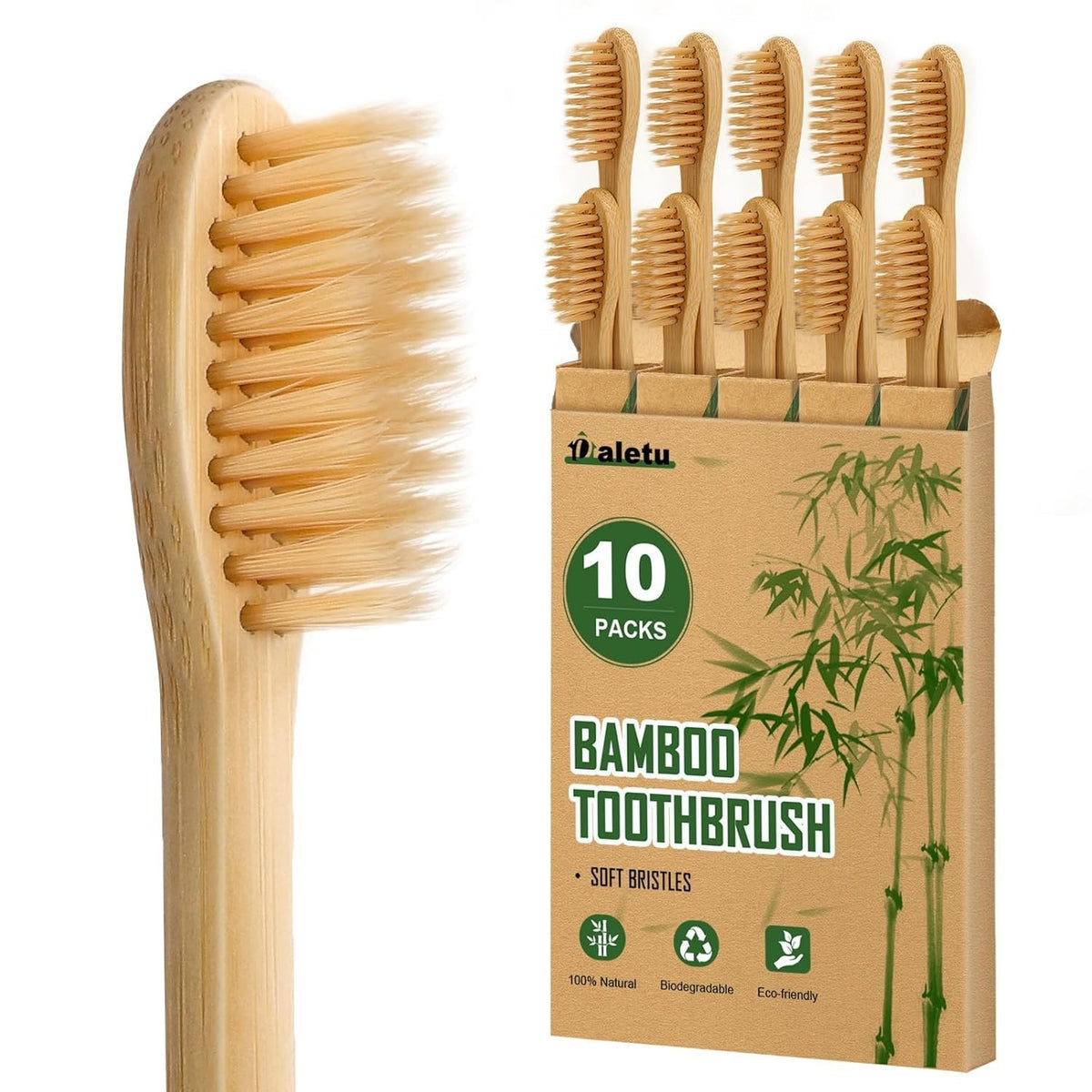 Bamboo Toothbrush Set Soft Bristles Eco-Friendly Biodegradable BPA Free - 2 or 10 Pack