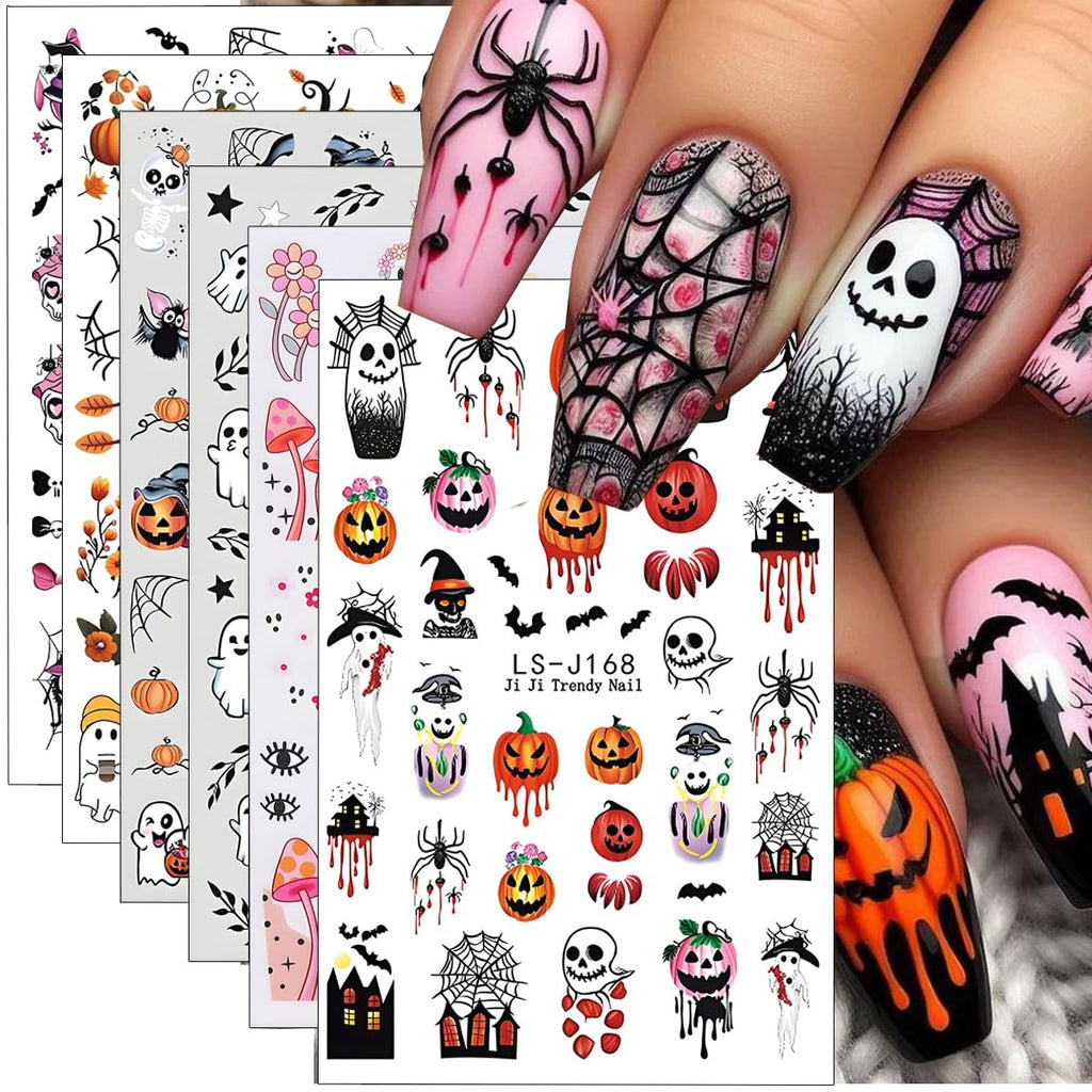 Halloween Nail Art Stickers Decals 3D Pumpkin Ghost 6 Sheets for Spooky Nail Designs