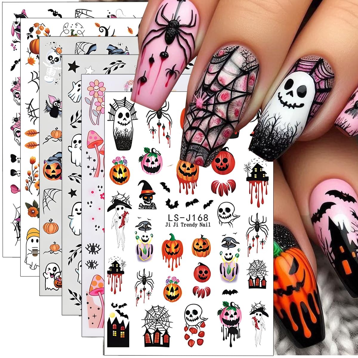 Halloween Nail Art Stickers Decals 3D Pumpkin Ghost 6 Sheets for Spooky Nail Designs