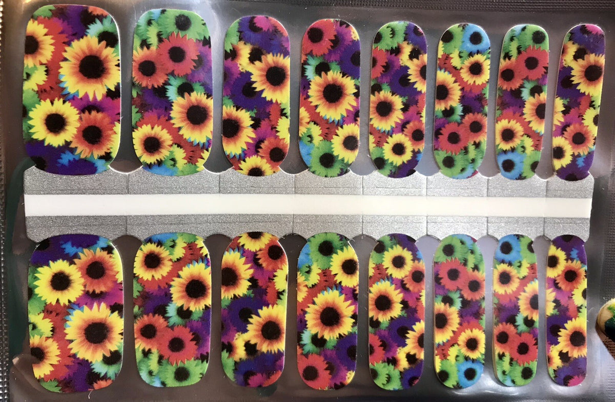 Rainbow Sunflower Nail Polish Strips - Colorful Manicure Decals 16 Count