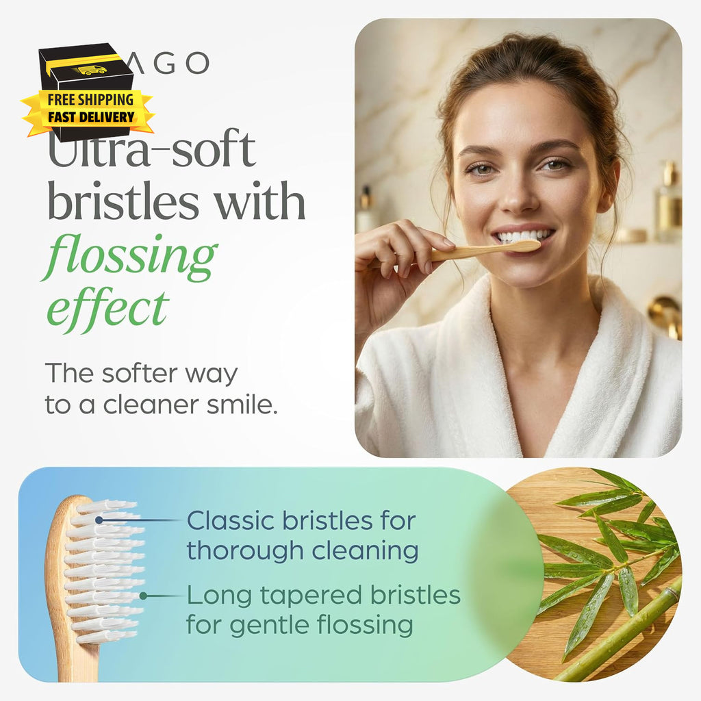 Extra Soft Adult Toothbrushes 10-Pack with Bamboo Handles & Flossing Effect