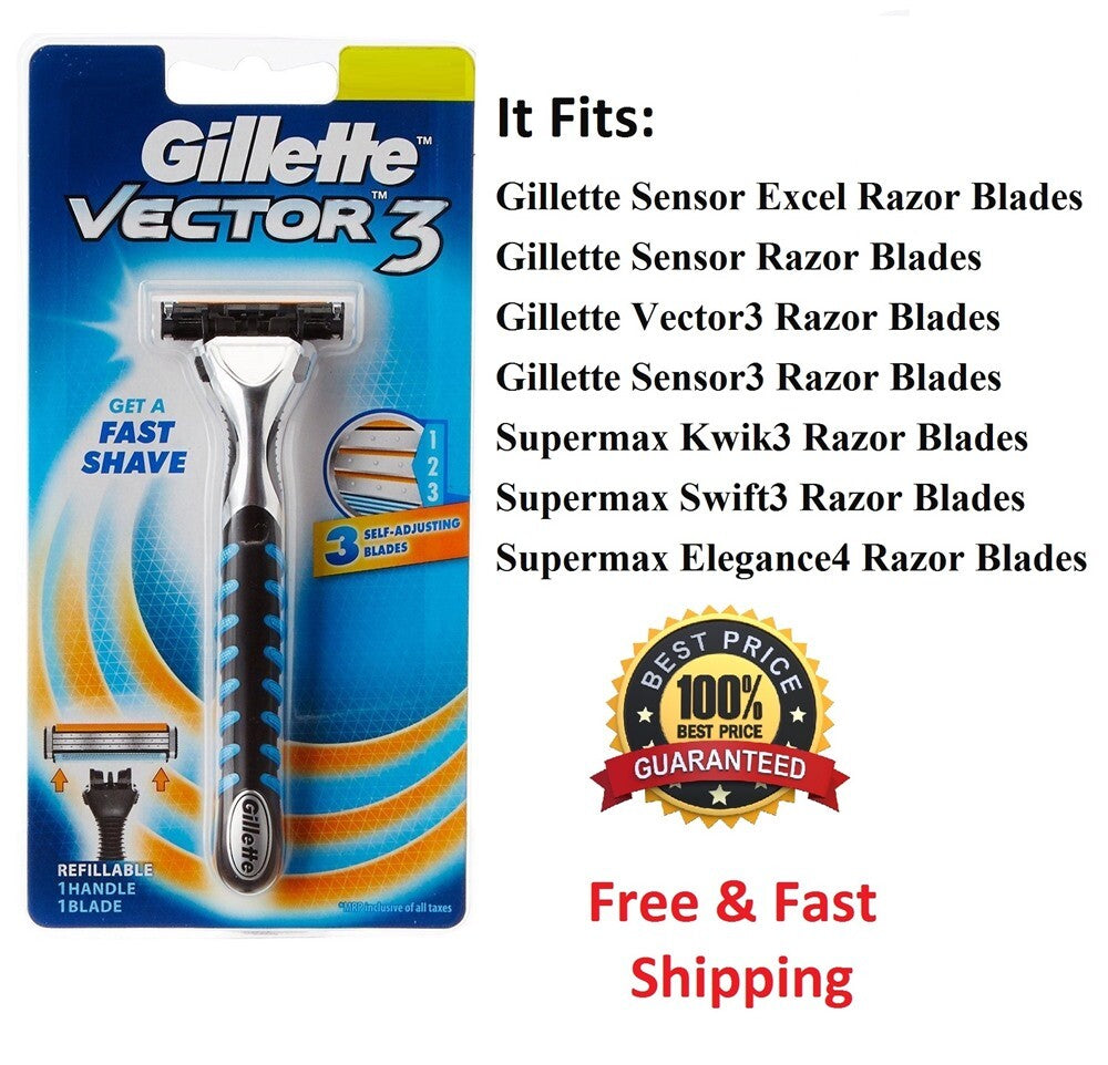 Gillette Vector 3 Razor Handle with Lubricant Strip – Compatible with Sensor Blades