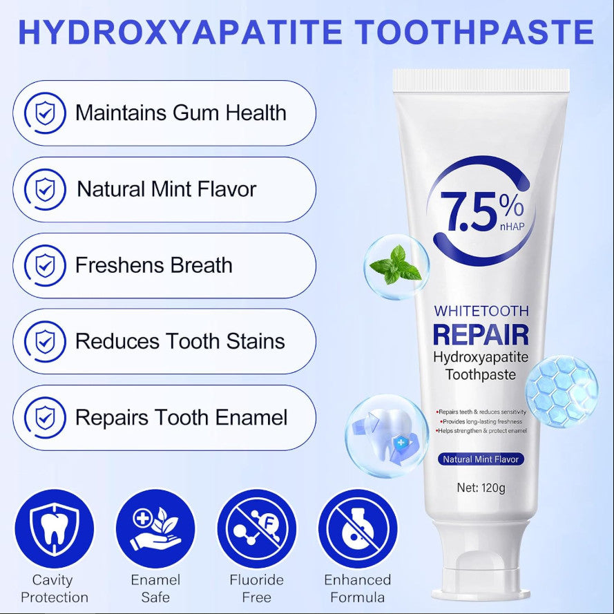 Hydroxyapatite Toothpaste for Sensitive Teeth and Stains - Fluoride-Free 120g