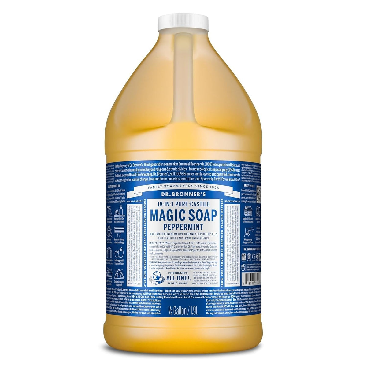 Pure Castile Liquid Soap - Peppermint, Vegan, 64 Oz - Multi-Purpose Natural Cleaner