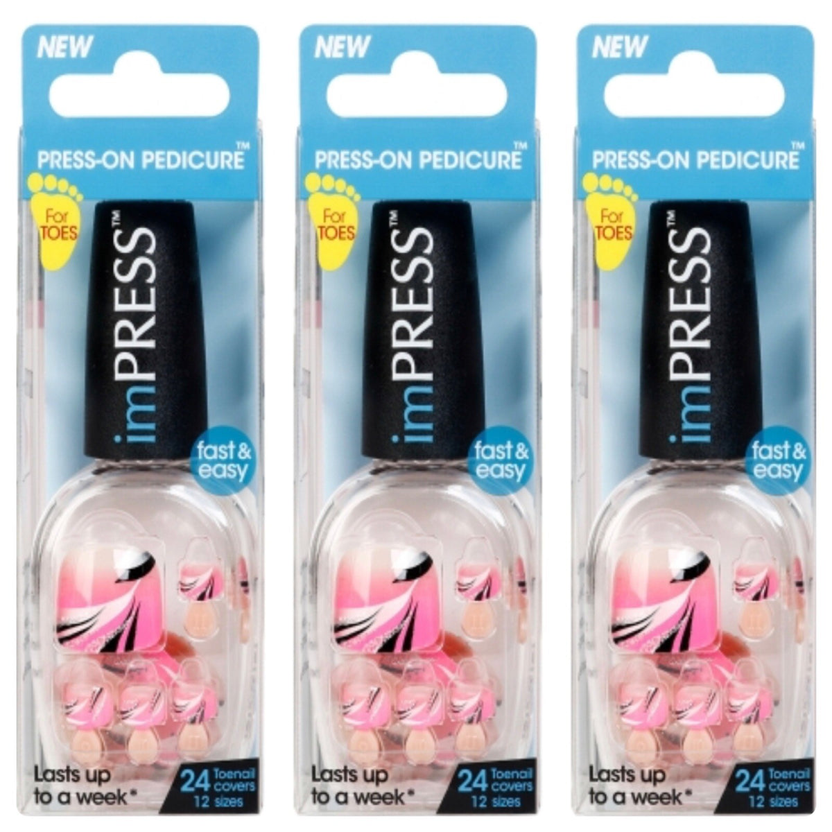 Press-On Pedicure Toenails Lot of 3 Pink Black White Design No Glue Needed
