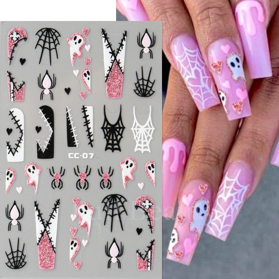 Glow in The Dark Halloween Nail Decals Ghost Spider Web Skull - 4 Sheets