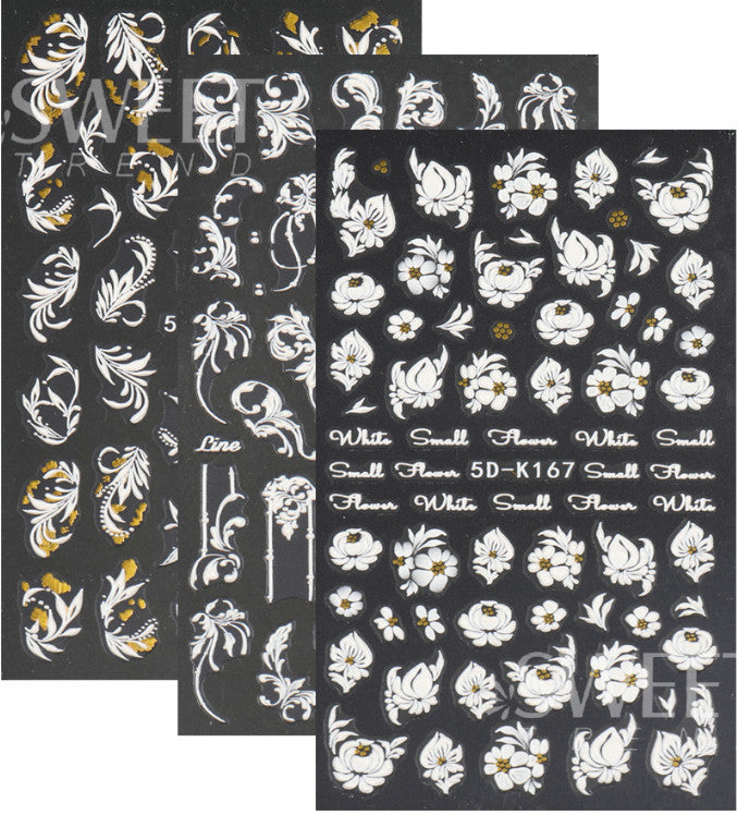 5D Embossed Nail Stickers White Rose Flower Decals for Nail Art and Decor