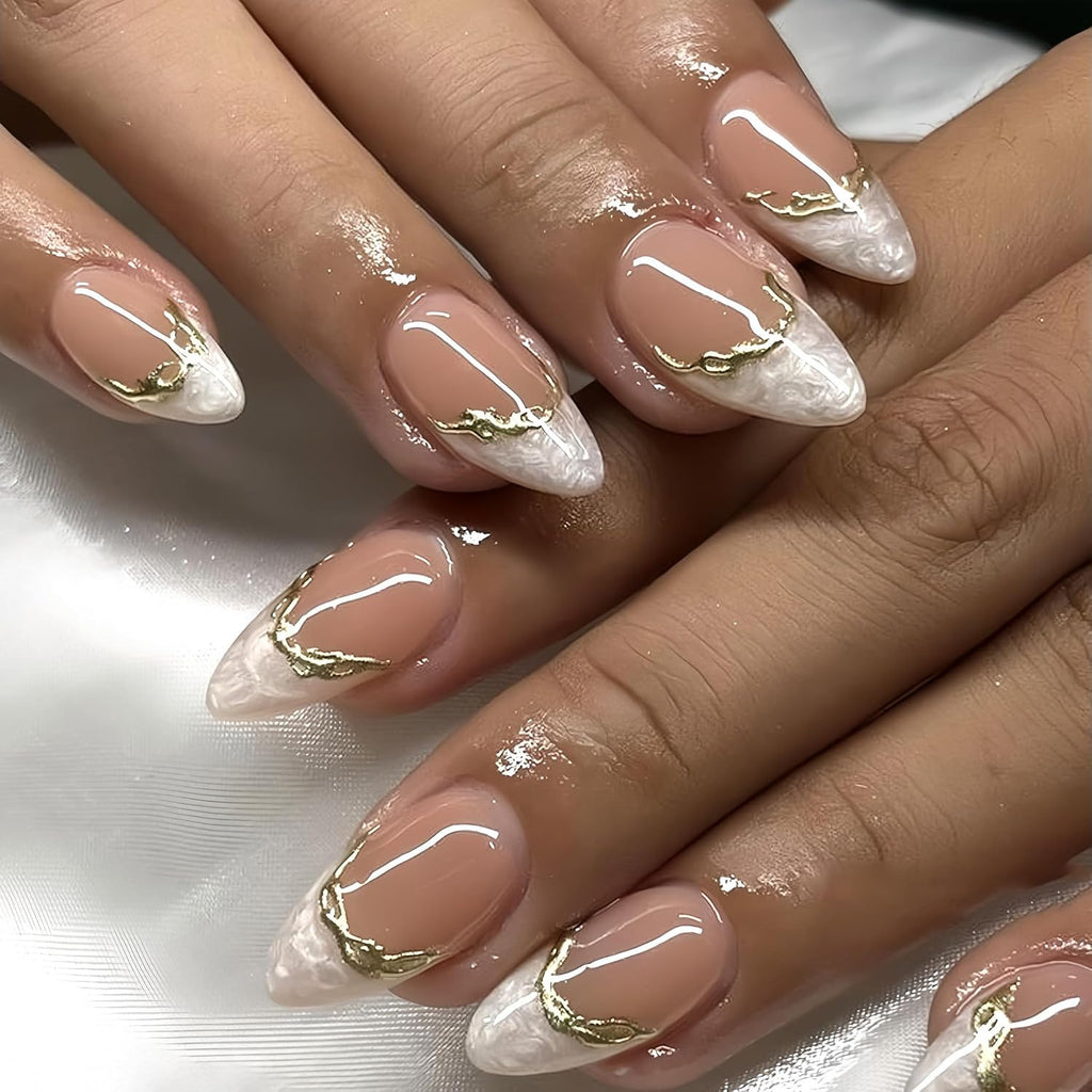 Press-On Nails Almond Nude with Cloudy White French Tip & Gold 3D Design