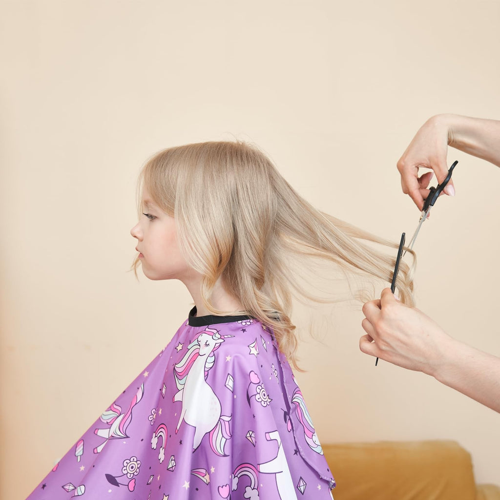 Kids Hair Cutting Cape with Adjustable Neck Strap and Unicorn Pattern - 51 x 36 Inch, Purple
