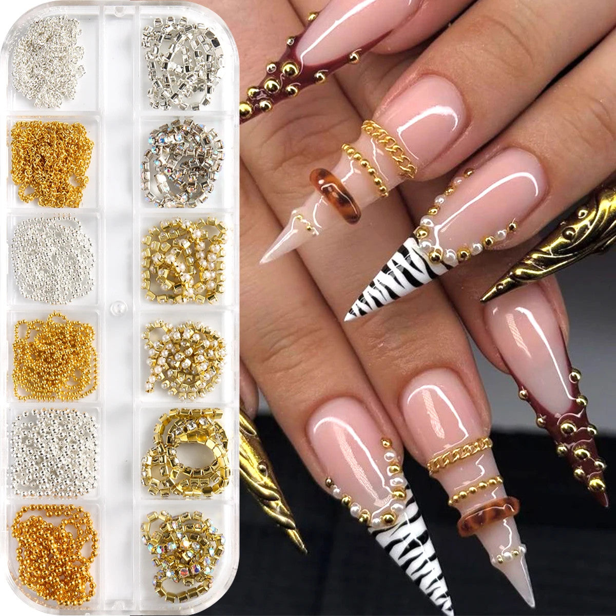 3D Metal Nail Art Chains Gold Silver Nail Decoration Jewelry Set