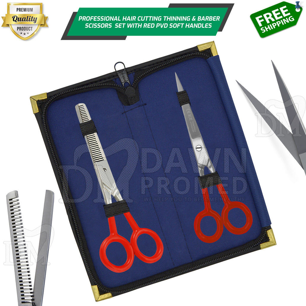 Professional Hair Cutting Shears & Thinning Scissors Set - 7" with Red PVC Handles