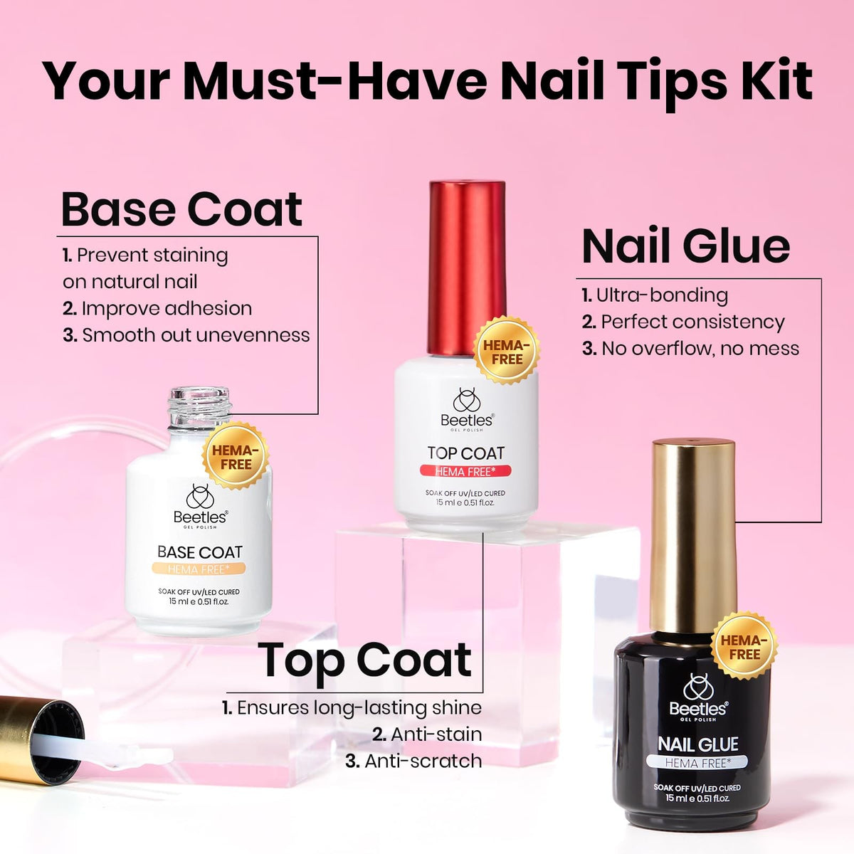 Nail Tip & Glue Set with Top Coat - 12 Sizes, 15ml Nail Glue, No Filing Needed