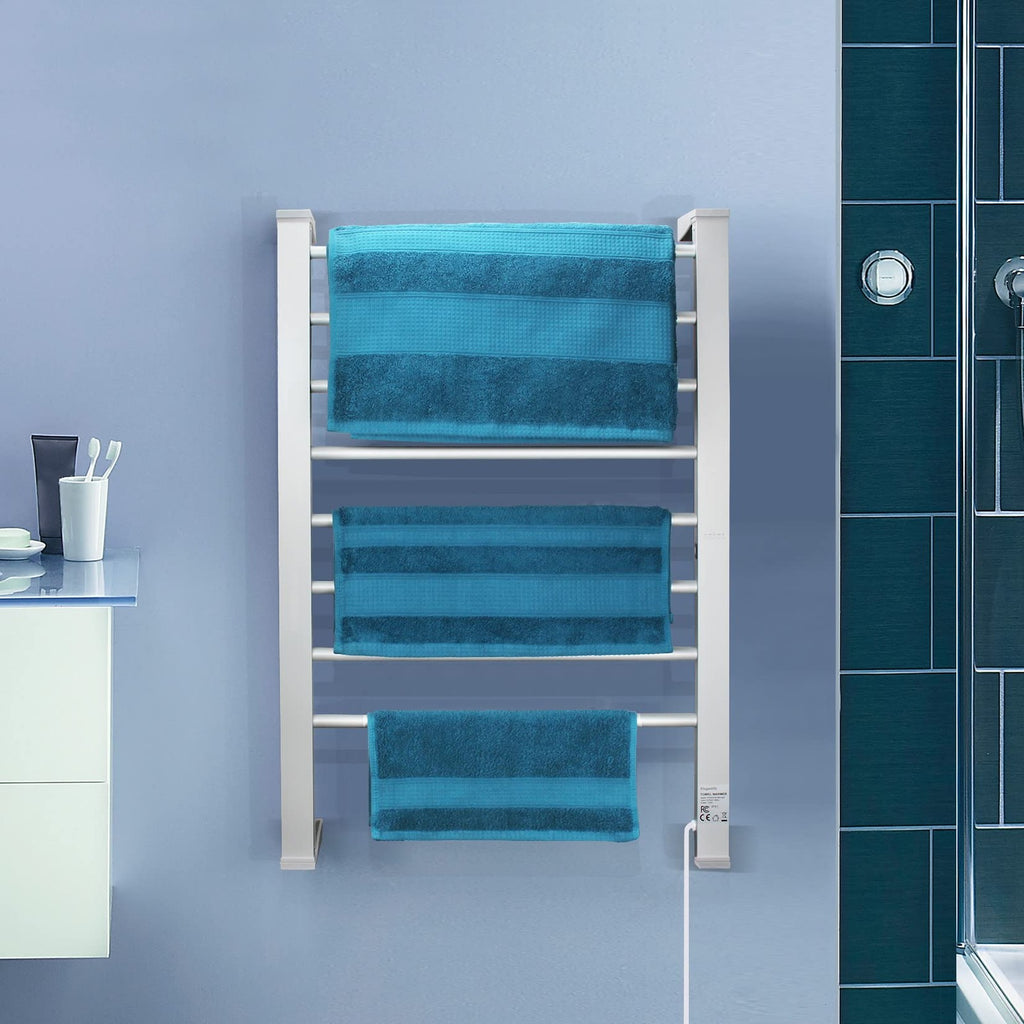 Electric Towel Warmer 8-Bar Aluminum Floor & Wall Mount with Timer
