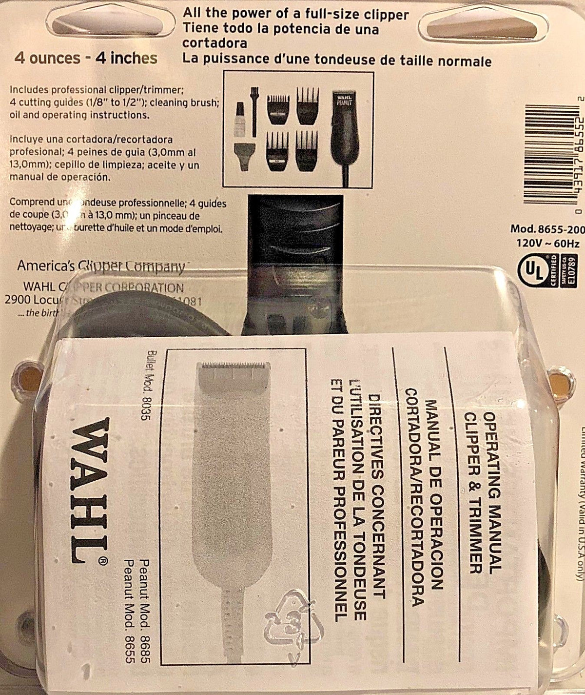 Wahl Black Peanut Cordless Hair Clipper & Trimmer #8655-200 - USA Made