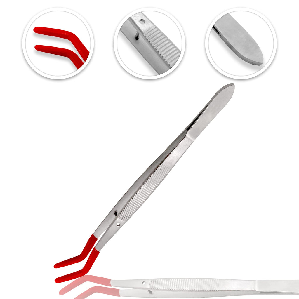 Stainless Steel Lab Tweezers with Rubber Tips - 4 Pack, Offset & Straight