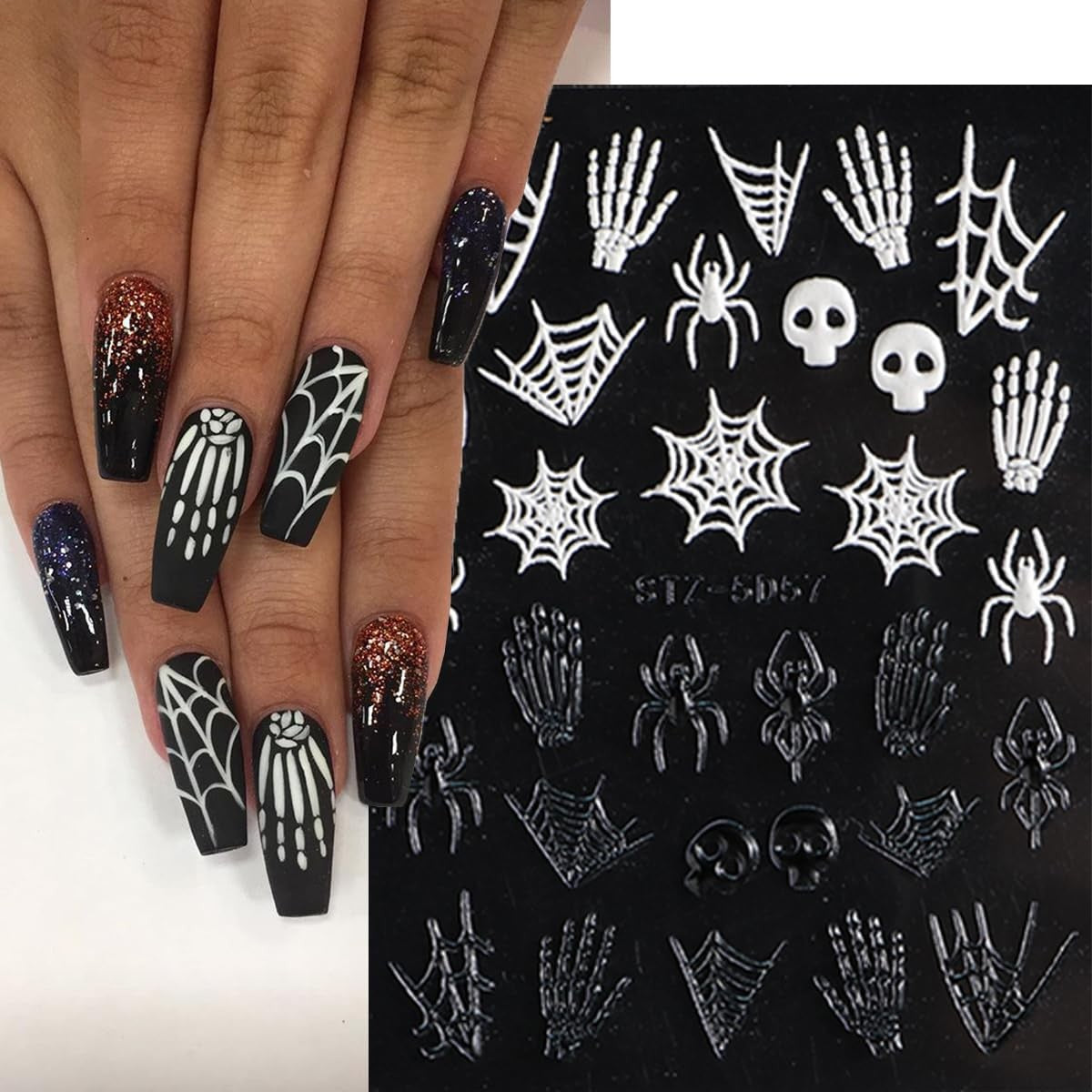 Halloween Nail Stickers 8 Sheets 5D Embossed Skull & Gothic Designs