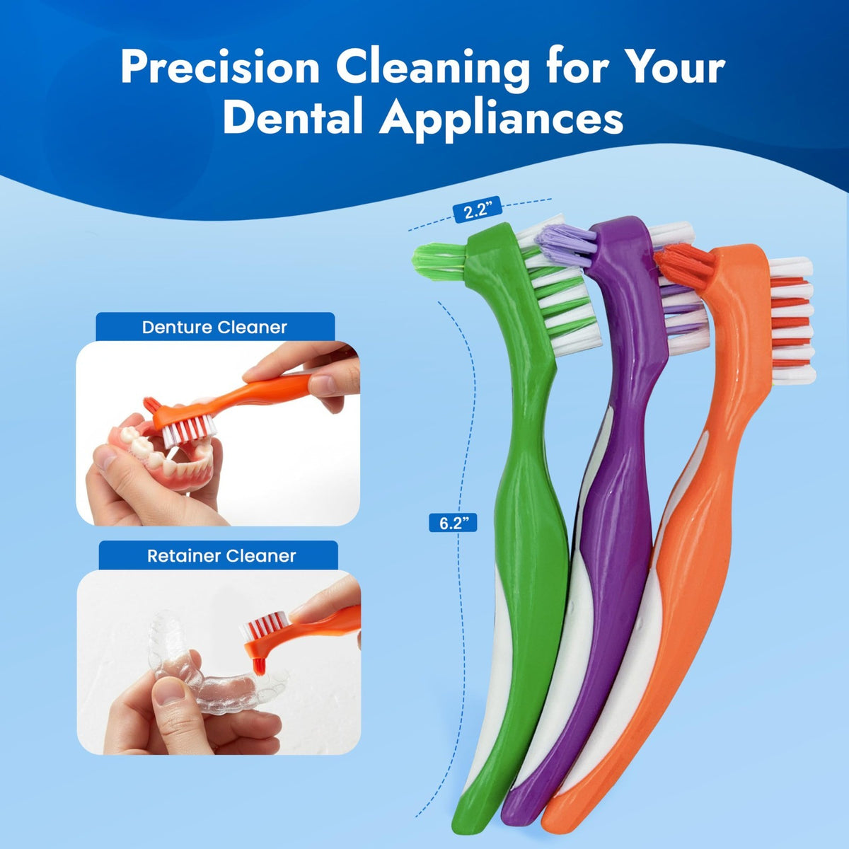Dental Appliance Brush 3 Pack - Soft Bristle Denture & Retainer Cleaner