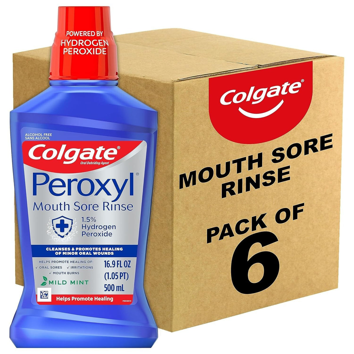 Colgate Peroxyl Mouth Sore Rinse - Alcohol-Free Hydrogen Peroxide, Mint, 16.9 oz Pack of 6