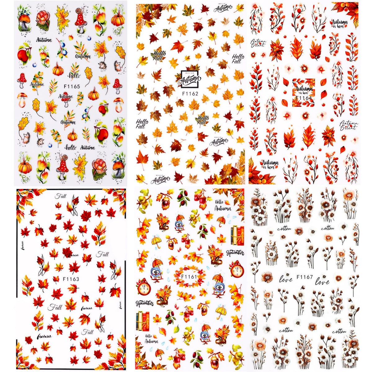 Fall Nail Art Stickers - Autumn Maple Leaf 3D Self-Adhesive Nail Decals, 6 Sheets