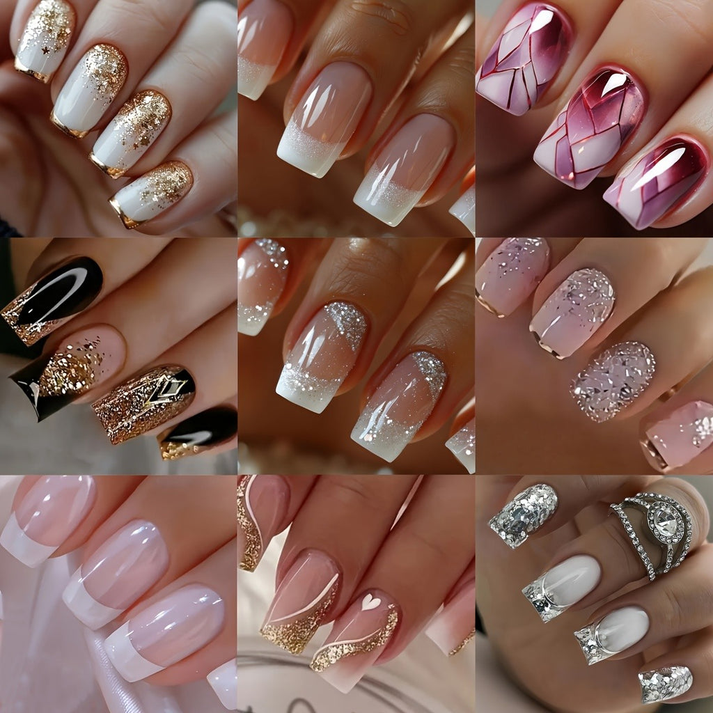 Assorted Press-On Nails Set 216 Pieces Glitter Gradient Geometric Art