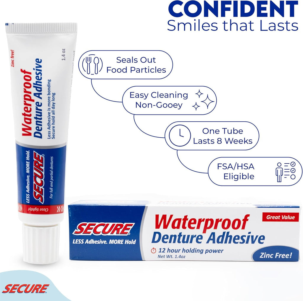 Waterproof Denture Adhesive - Zinc-Free, Extra Strong Hold for Upper & Lower Dentures