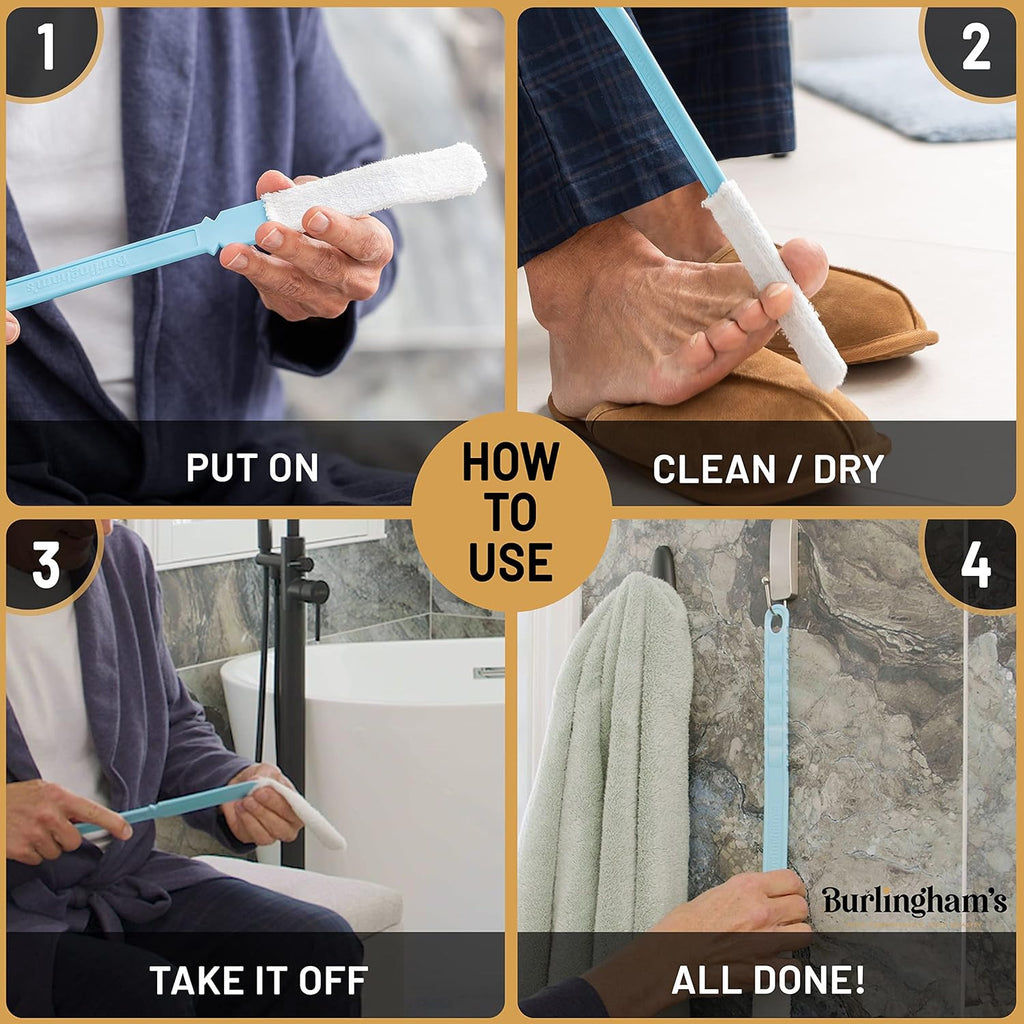 Toe and Foot Towel Brush with 17-Inch Handle & Reusable Drying Covers