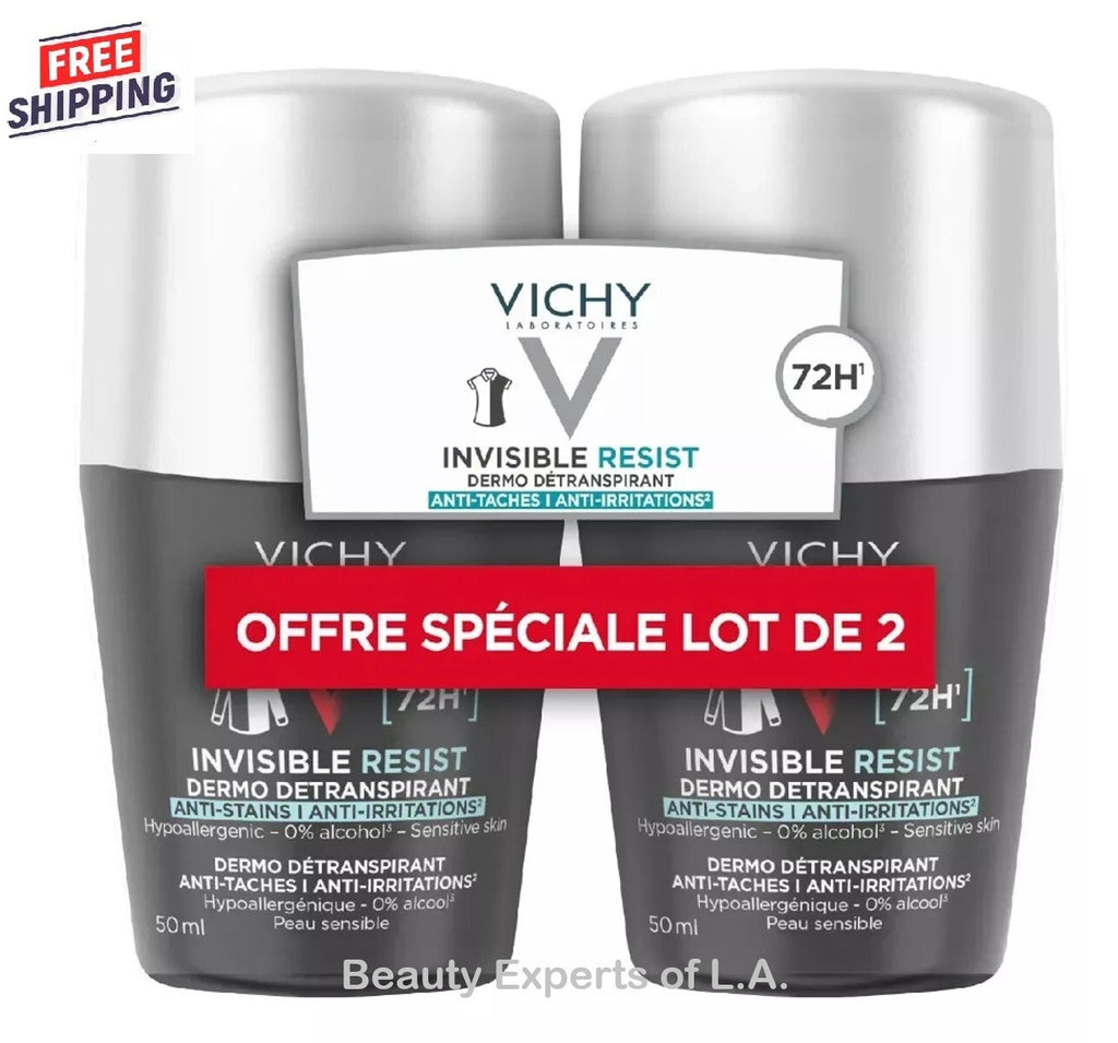 Vichy Homme Invisible Resist 72h Deodorant Roll-On Pack of 2 - Anti-Stain, Hypoallergenic