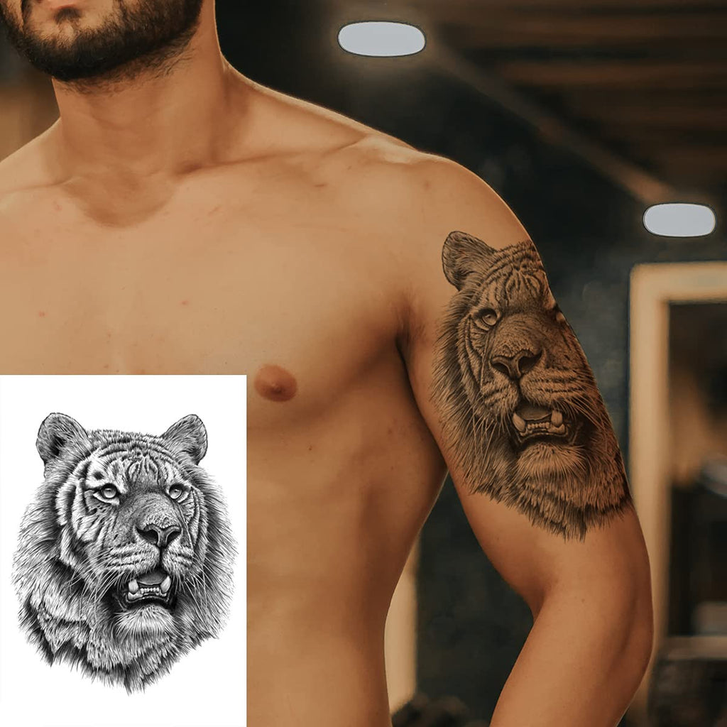 Temporary Tattoo Sheets - 12 Pack Waterproof Body Art Stickers with Fierce Tiger Lion Wolf Designs