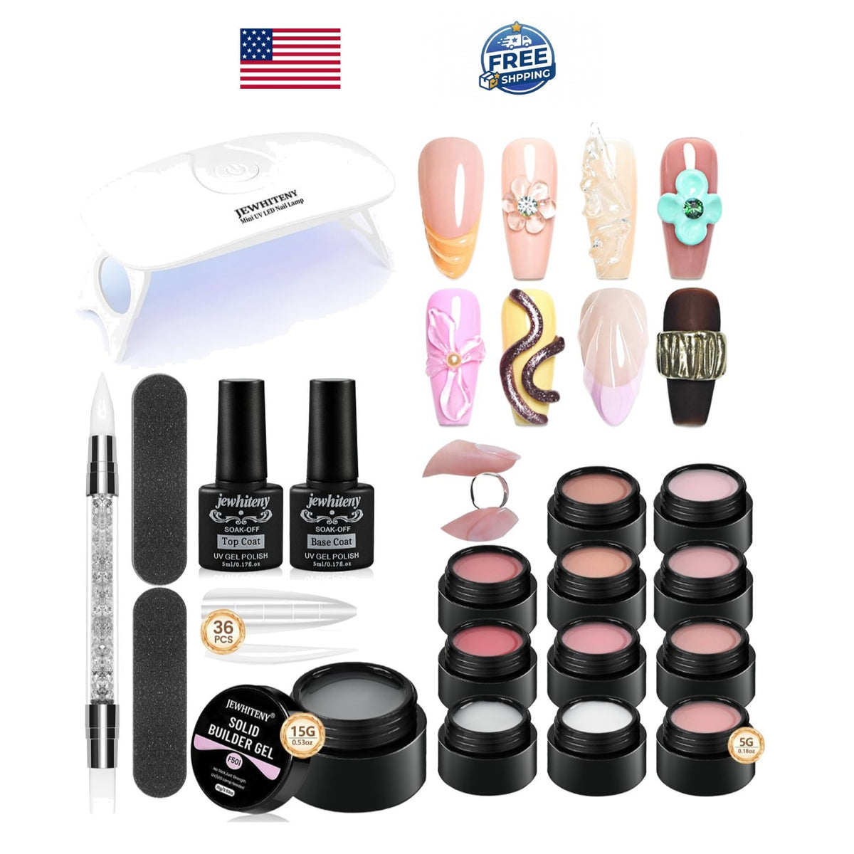 Non-Sticky Builder Gel Nail Art Kit with UV Lamp - 12 Colors for Perfect Manicures