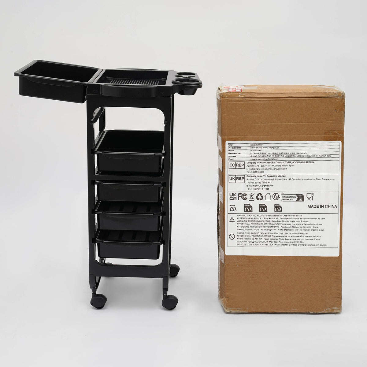 Mobile Hair Salon Trolley Cart with 5 Drawers - Black, 41x43.5x88cm