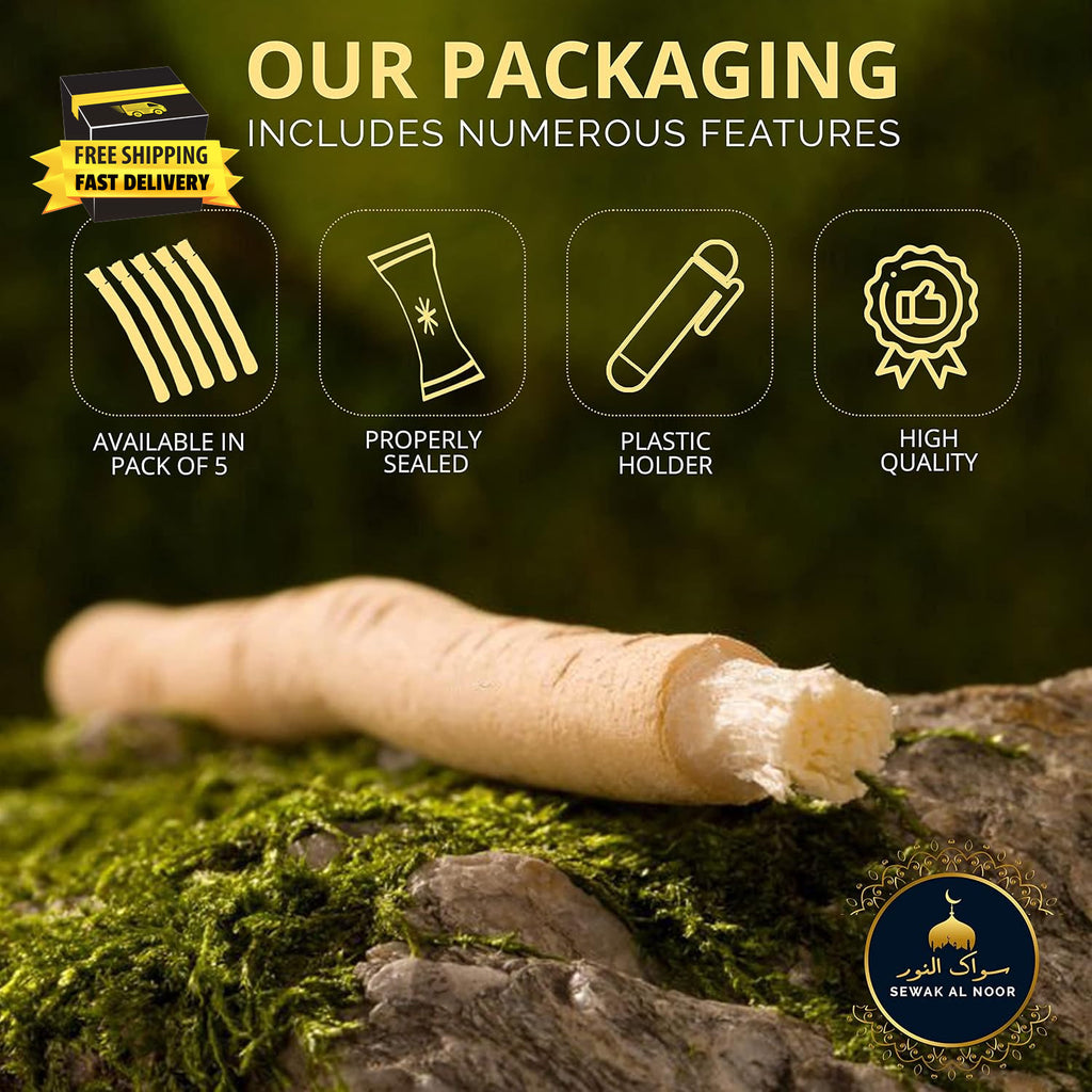 Natural Miswak Tooth Sticks with Holder - Pack of 5, Oral Hygiene & Whitening