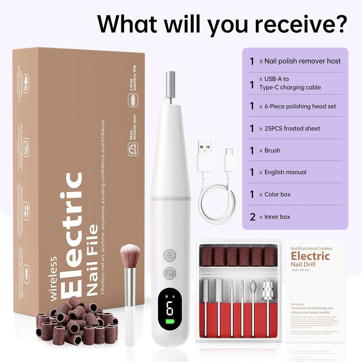 Cordless Electric Nail Drill Kit for Acrylic Gel & Dip Nails - Portable Manicure Tool