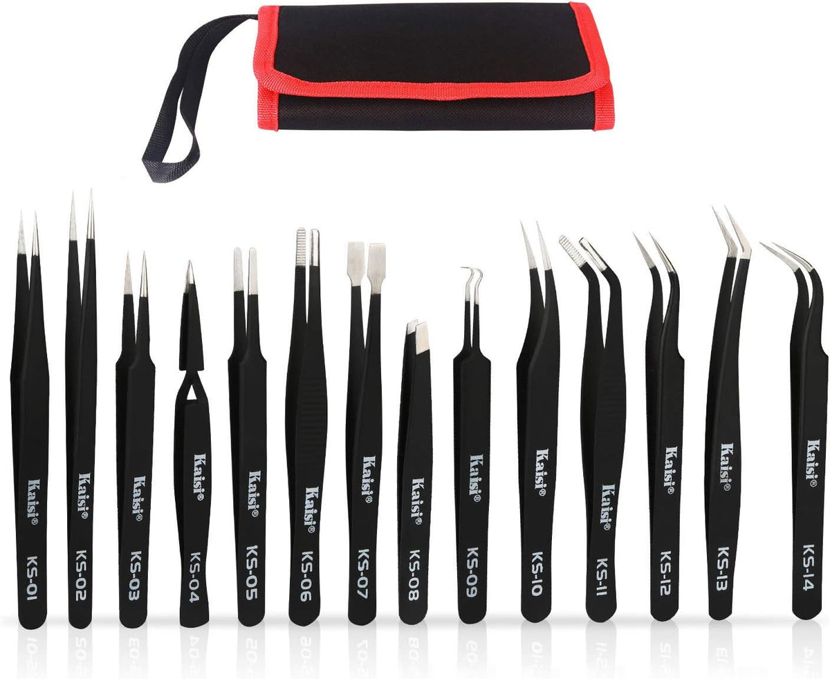 14-Piece Anti-Static Precision Tweezers Set for Electronics & Jewelry