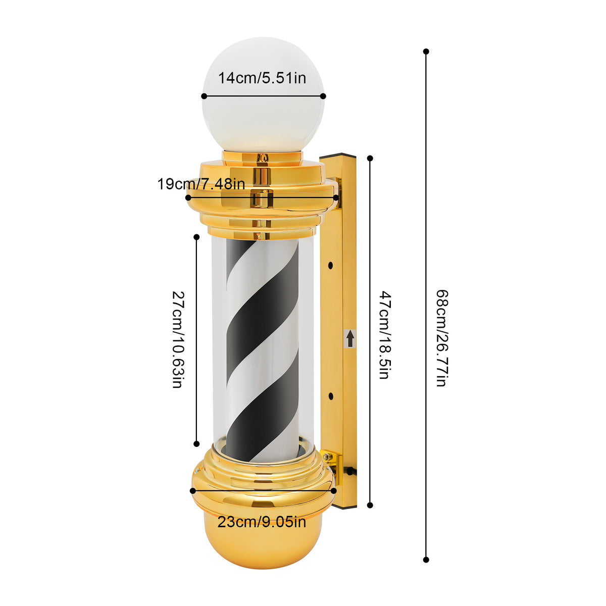 Waterproof LED Barber Pole Light with Rotating Sign for Hair Salons - Black, White, Gold