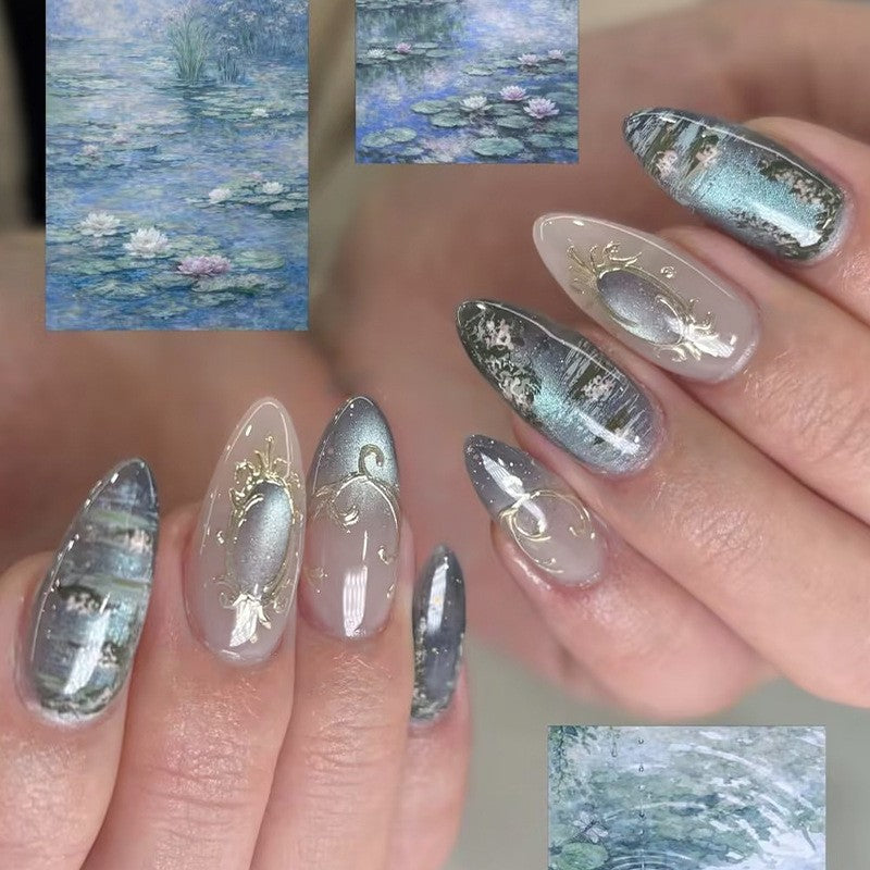 Reusable Water Lily Ombre Nail Art Set - Almond Press On Nails
