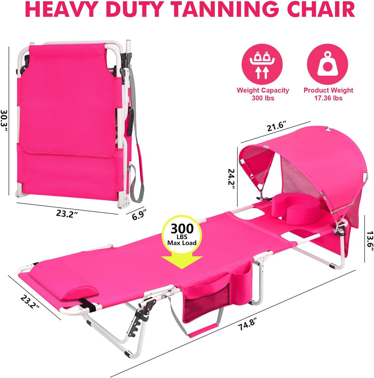 Outdoor Folding Sun Lounger with Canopy and Face Hole - Heavy Duty Pink
