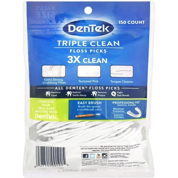 DenTek Triple Clean Floss Picks 150 Count Pack - No Shred, Interdental & Tongue Cleaner