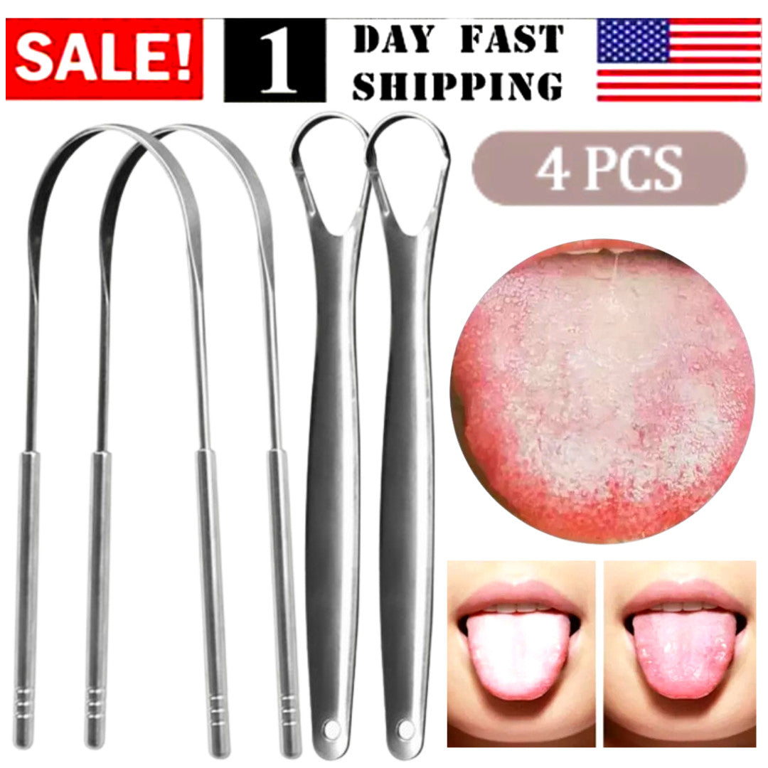 4 Pack Stainless Steel Tongue Scrapers - Oral Hygiene Cleaners for Fresh Breath