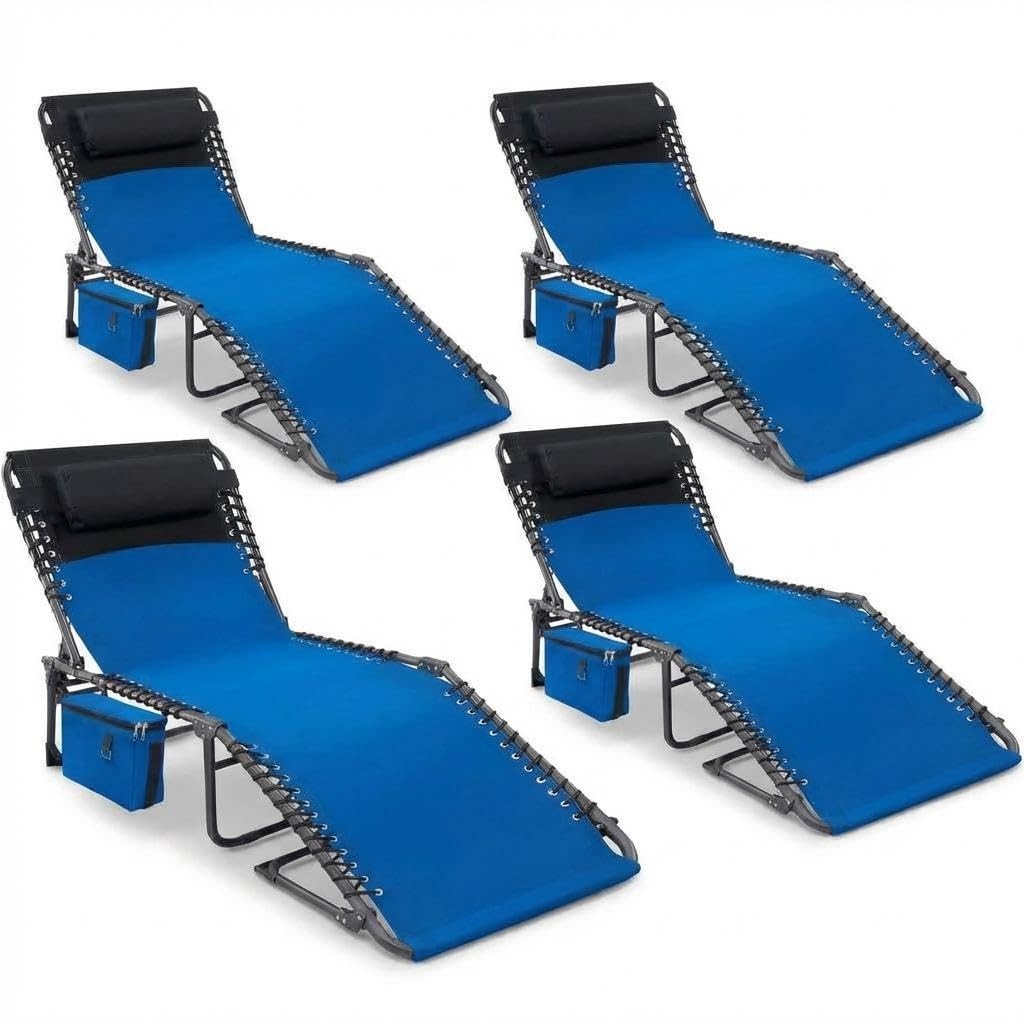 Outdoor Chaise Lounge Chairs with Adjustable Backrest & Side Pocket - Foldable, Heavy Duty Steel Frame