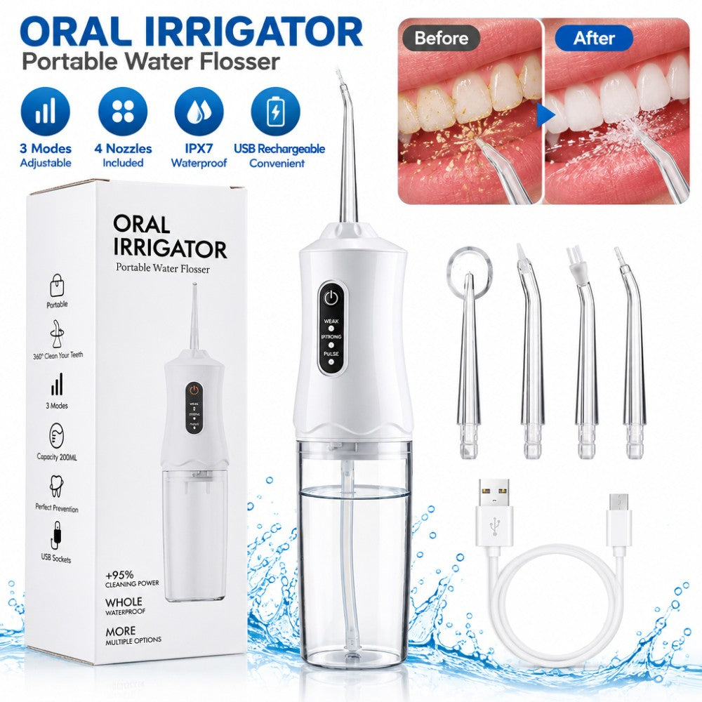 Cordless Water Flosser Oral Irrigator with 3 Modes & 4 Tips - Portable Dental Cleaner