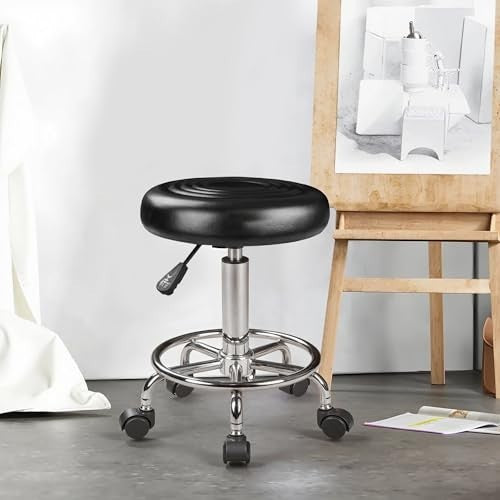 Adjustable Salon Stool with Footrest - Backless, Black, Comfortable & Sturdy