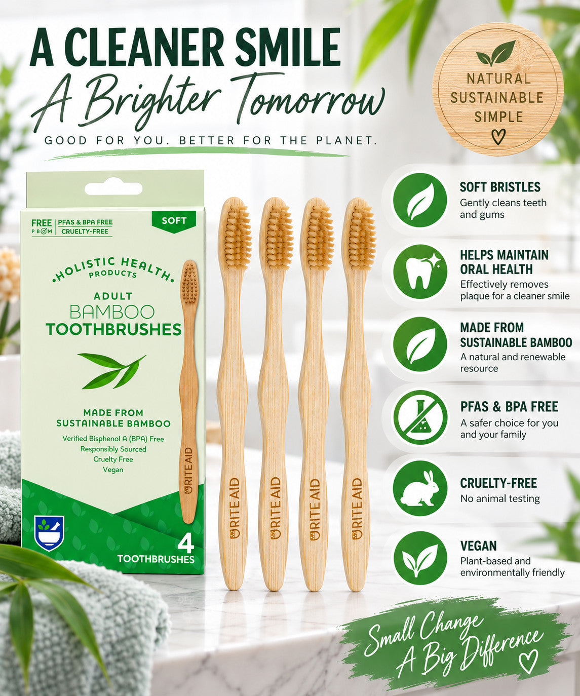Eco-Friendly Bamboo Toothbrushes for Adults 4 Pack Soft Bristles