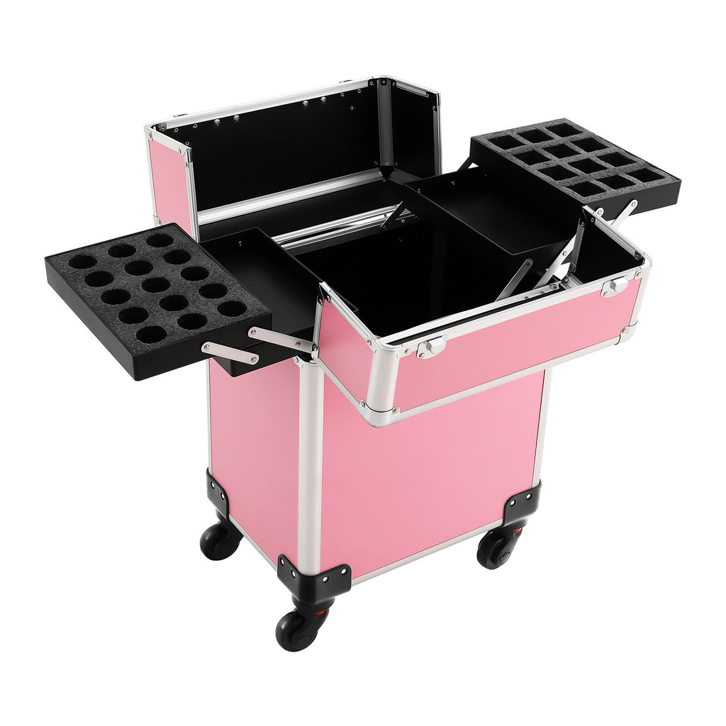 Pink Aluminum Travel Makeup Train Case with Wheels and Large Storage
