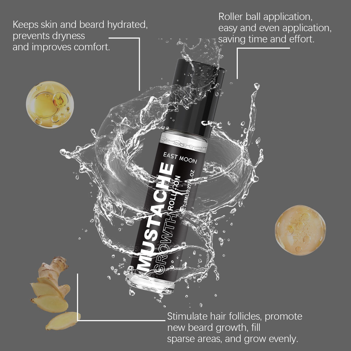 Beard Growth Serum Roll-On for Men - Thickening Oil Treatment with Natural Oils