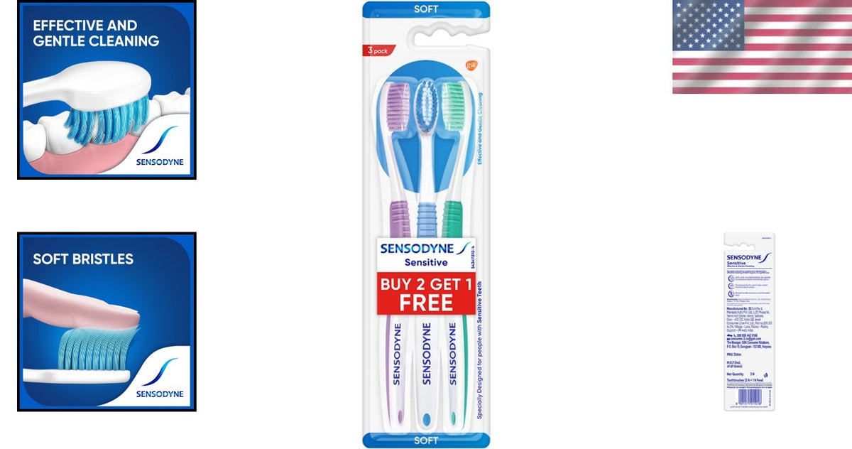 Sensitive Toothbrushes 3-Pack with Oval Head and Soft Bristles for Gentle Cleaning