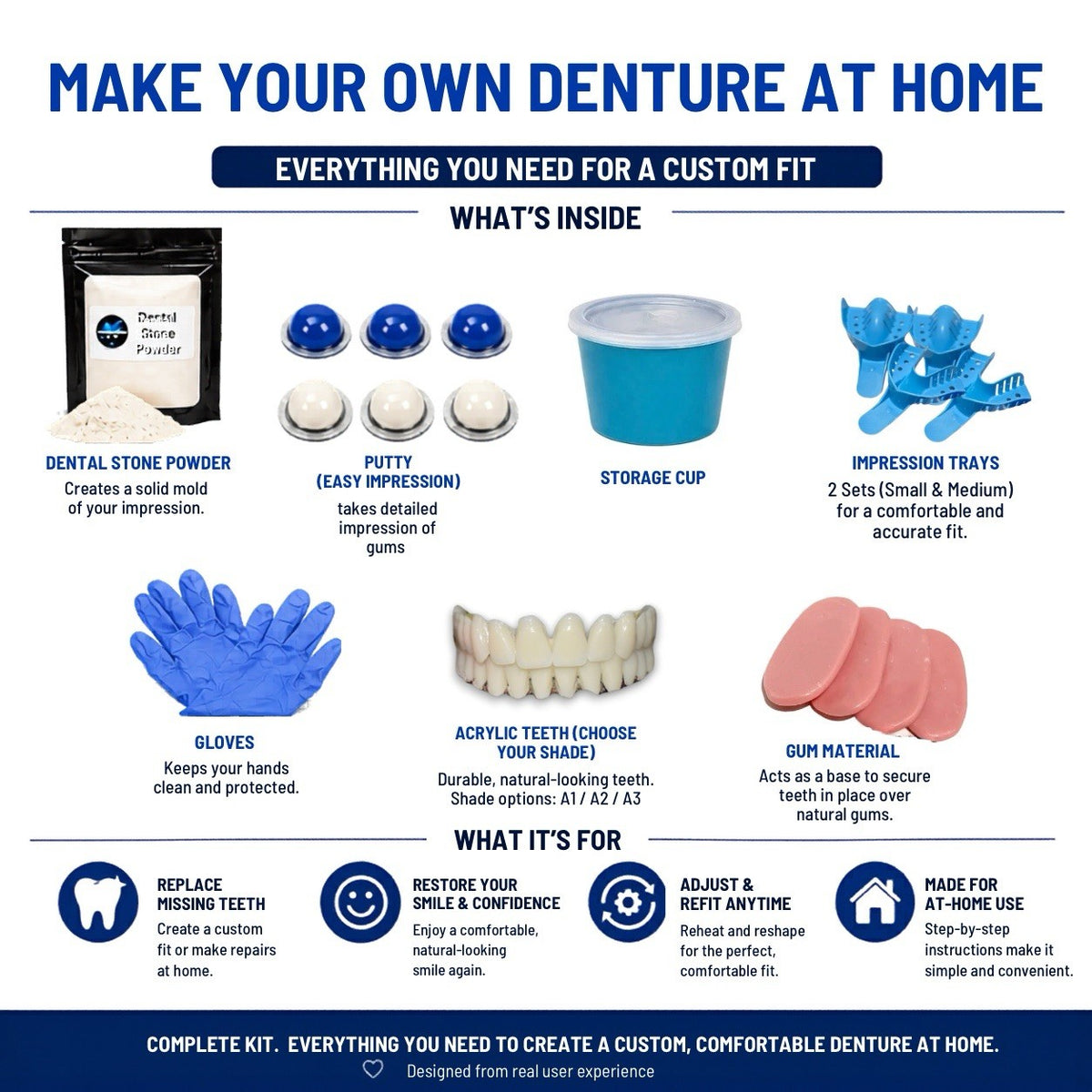 DIY Denture Kit Complete Set for Custom Temporary Teeth - Full or Partial