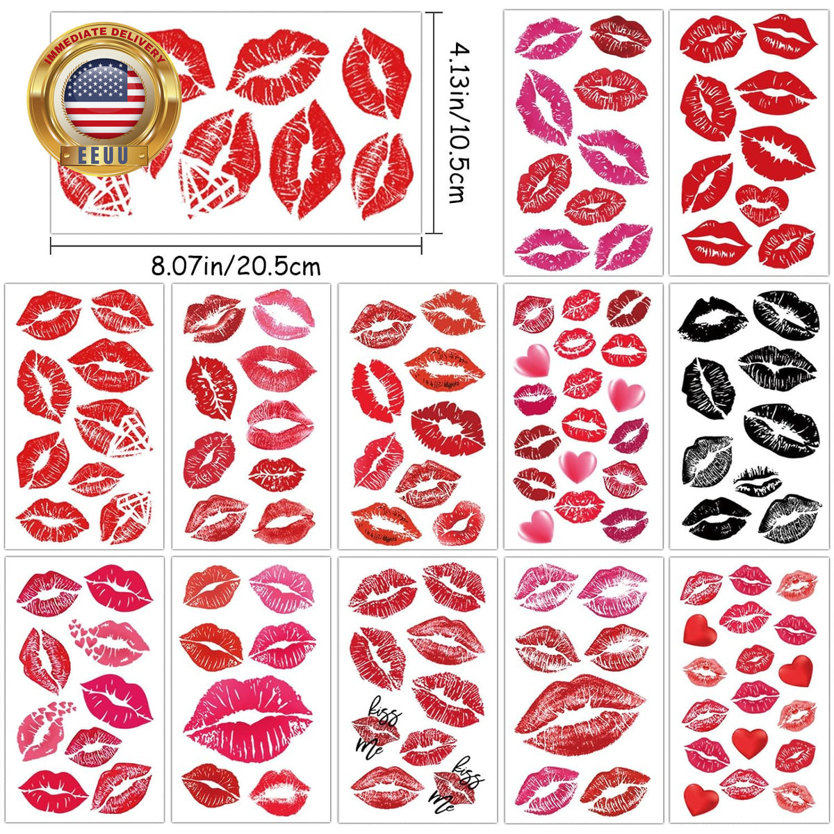 Temporary Lip Tattoo Set - 12 Sheets Red Kiss Heart Print Lip Stick Tattoos