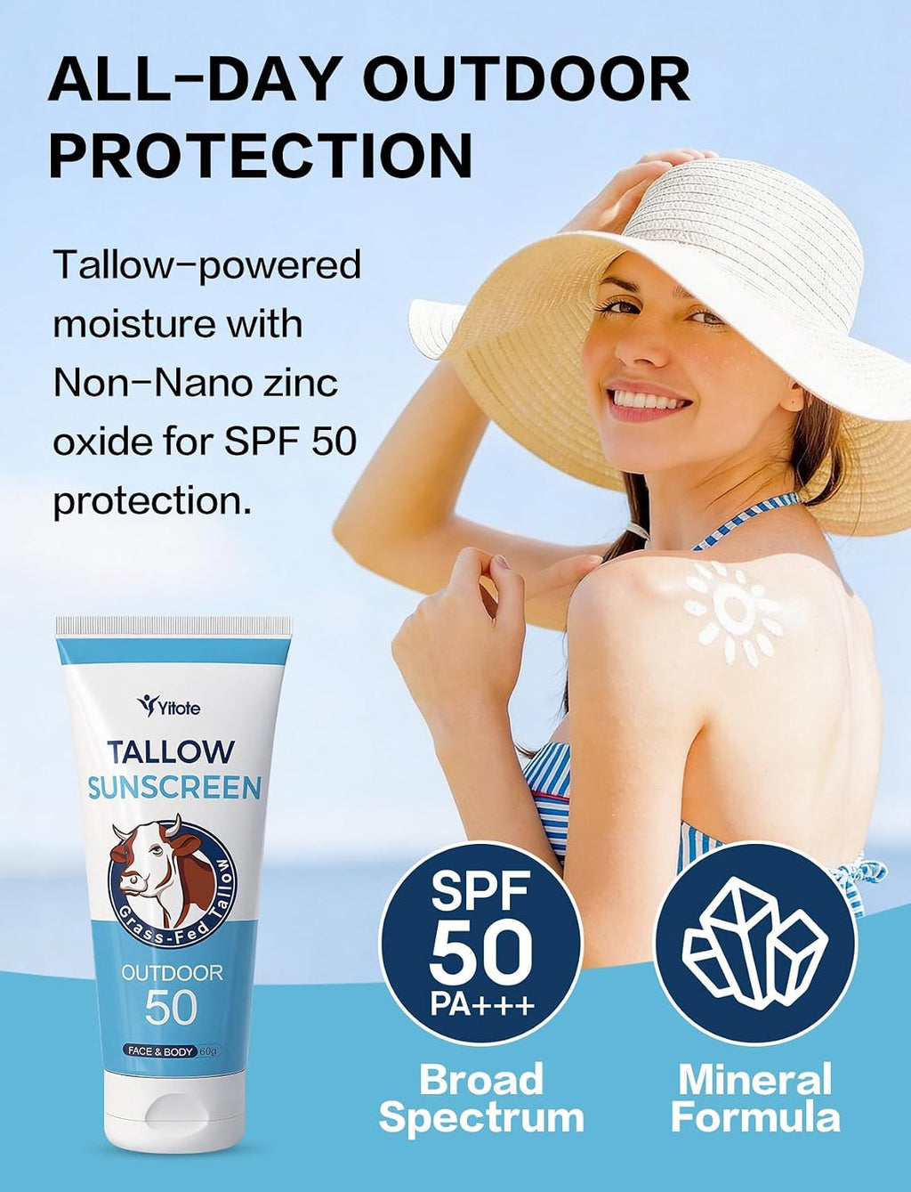 Organic Mineral Sunscreen SPF 50 with Grass-Fed Beef Tallow - Natural, Water-Resistant Face & Body Sun Block