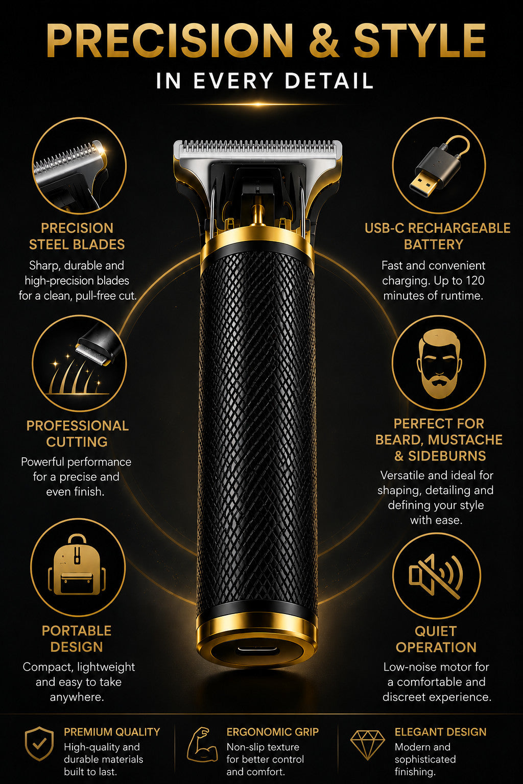 Men's Cordless USB Rechargeable Beard & Hair Trimmer with Guide Combs